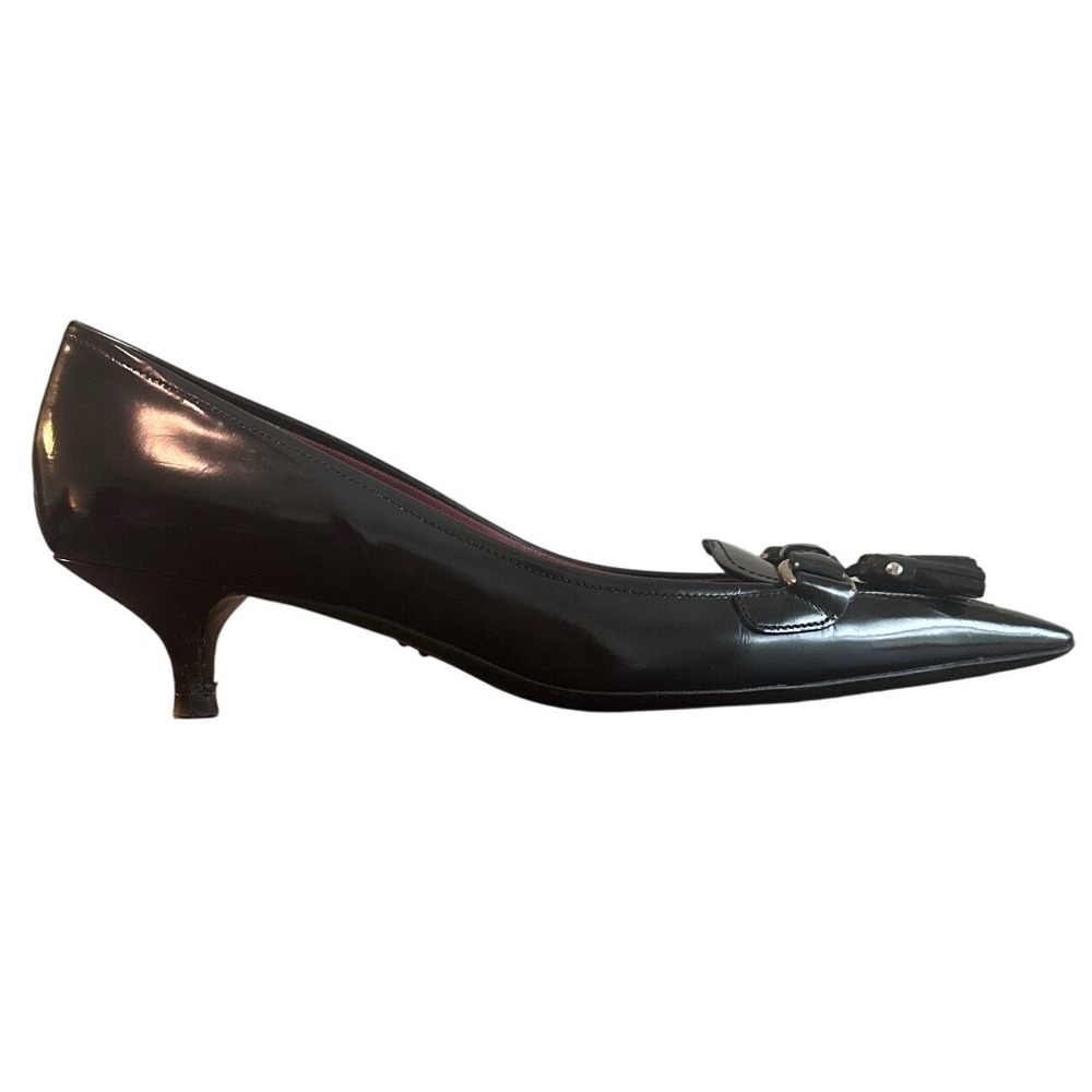 Vintage Prada Black Leather Tassel Pointed Toe Kitten Heels 36.5